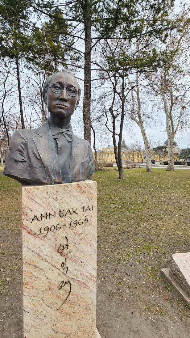 부다페스트 도심 시민공원에 세워진 안익태 흉상. 안익태는 1938년 부다페스트 리스트 음악원에 적을 두고 졸탄 코다이, 도흐나니 등 헝가리 최고 작곡가들을 사사했다. 지휘자로 본격적 활동을 시작한 곳도 부다페스트였다. /김기철